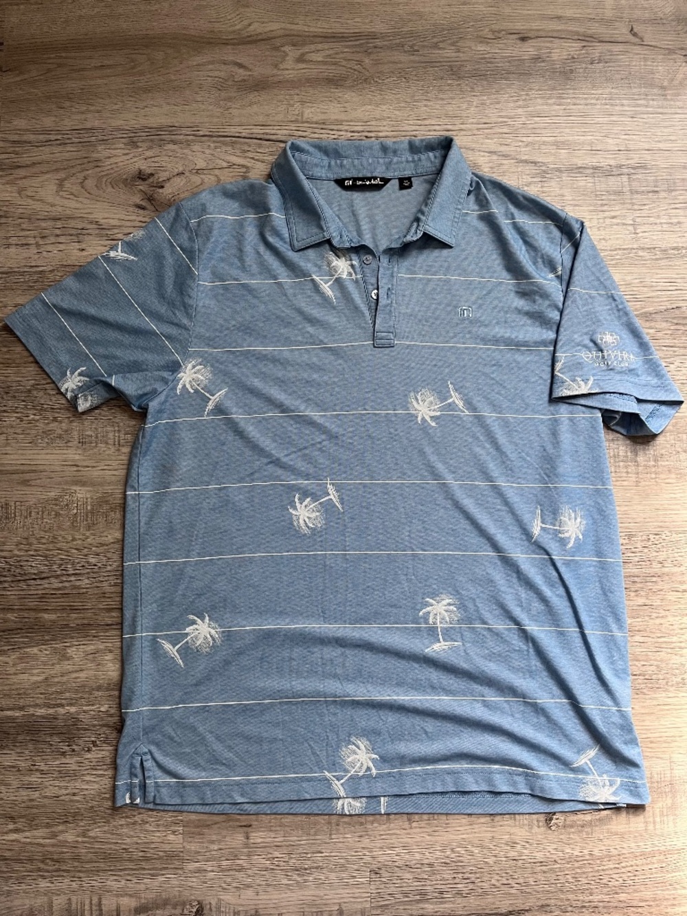 Travis Mathew Mens XXL Polo Shirt Blue Palm Tree Striped Quivira Golf Club Pima